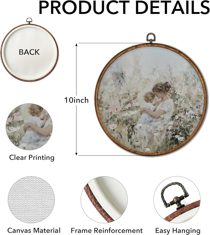 Vintage Mother & Child Round Wall Art Framed, Wildflower Meadow Nursery Wall Decor, Shabby Chic Botanical Landscape Hanging Canvas Prints(10X10inches) -A21