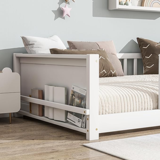 Floor Bed with Rails Twin Size, Wood Montessori Floor Bed with Storage Bookcase, Kids Bed Frame with Fence for Boys Girls, White