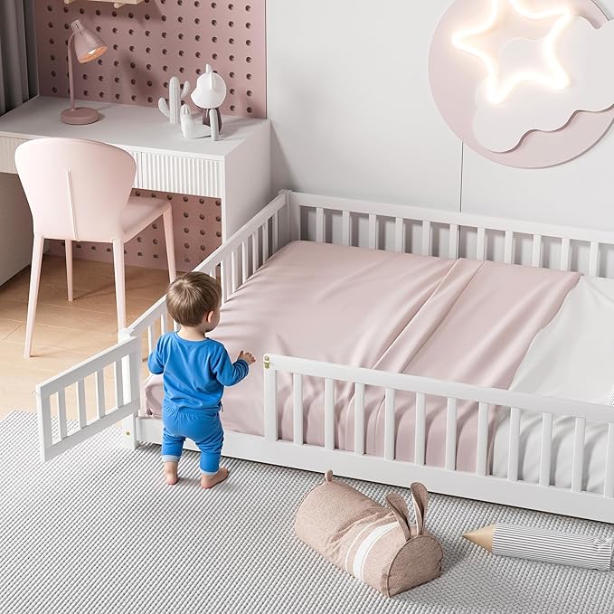 i-POOK Queen Floor Bed for Children, Sturdy Wood Montessori Bed Frame with Wood Slats, Fence & Door, Montessori Floor Bed for Girls and Boys, White