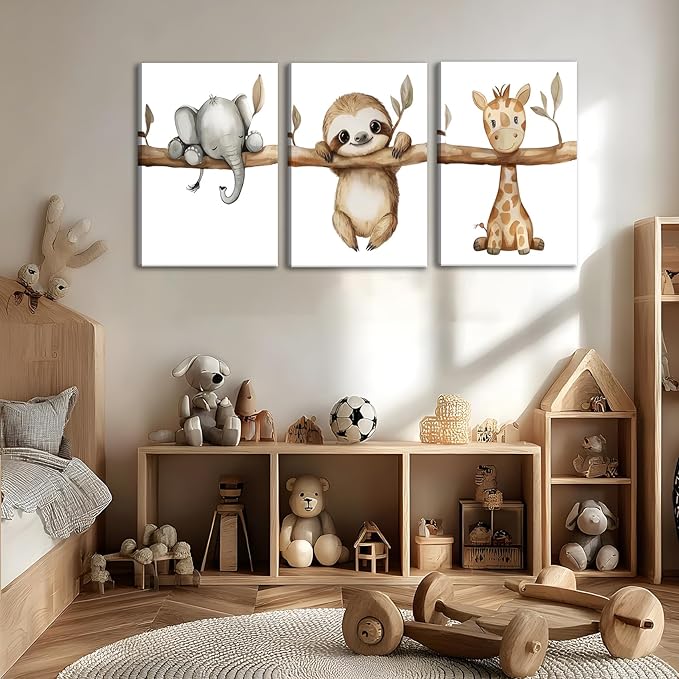 3Pcs Nursery Animal Canvas Wall Art Safari Nursery Poster Prints Jungle Kids Painting Cute Animal Elephant Sloth Giraffe Artwork Picture Wall Decor for Boys Room Girls Room 12x16in Framed