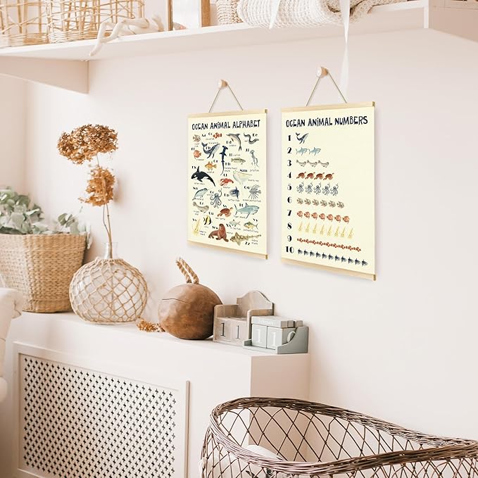 CGBHW Ocean Animal Alphabet Numbers Poster Hanger Frame Set of 2, Sea Marine Fish Species Construction Learning Posters Wall Art Hanging Decor for Toddler Boy Kids Room Playroom Nursery, 16x12 Inch