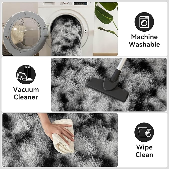 Meralax Tie-Dyed White and Black Rugs for Living Room Bedroom, 5x8 Soft Area Rug Fluffy Shaggy Bedside Rug, Machine Washable Indoor Floor Carpet for Kids Girls Boys, Dorms, Nursery Rooms, Home Decor