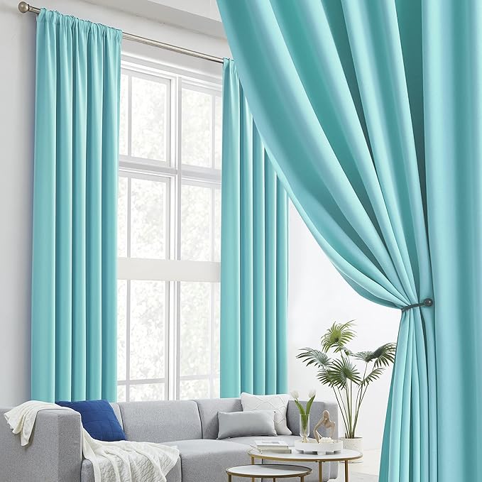 DUALIFE 120 Inches Long Curtains - 2 Panels Rod Pocket and Back Tab Thermal Insulated Room Darkening Curtains for Living Room (52 by 120 Inch Length,Aqua, 2 Panels)