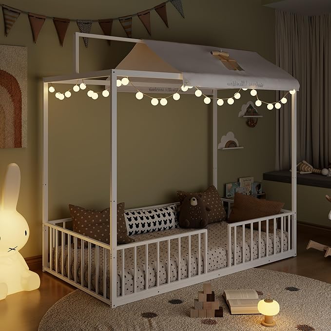 Merax Twin Size 3-in-1 Convertible Montessori Floor Bed, Metal House Bed Framefor Kids, Montessori Floor Beds with Fence,Playhouse for Kids,White