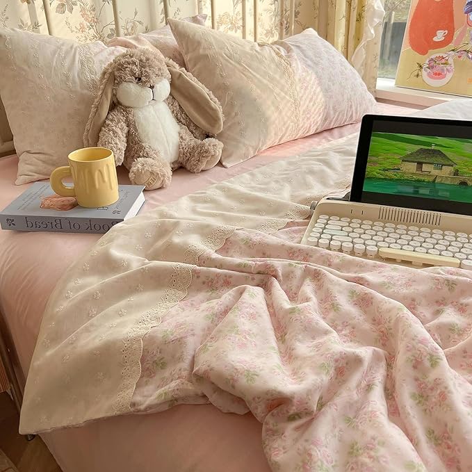 LifeTB Pink Floral Duvet Cover King Romantic Lace Bedding Set Garden Style Cottagecore Flower Duvet Cover with Zipper Closure Soft Washed Microfiber Botanical Comforter Cover for Girls Women