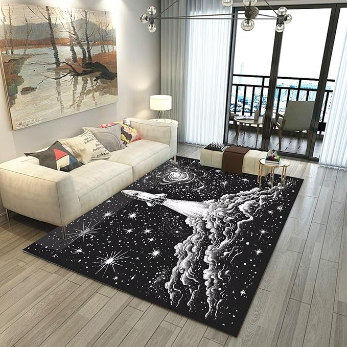 6' x 9' Space Rocket Rug for Kids Bedroom Black Stars Galaxy Rugs Carpet Planet Printed Throw Rugs for Boys Teens Living Room,180x275cm