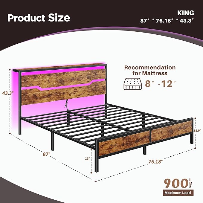 Full Size Bed Frame with LED Lights & Charging Station, Bed Frame Full with Headboard,13" Under Bed Storage, Noise-Free Heavy Duty Metal Support, Modern Brown