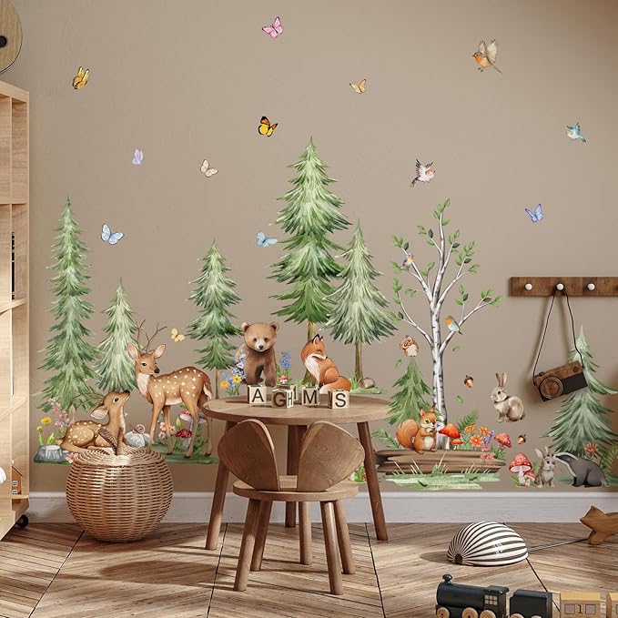 Woodland Pine Tree Wall Decals Forest Animals Wall Stickers Peel and Stick Wall Decal Living Room Baby Nursery Bedroom Kids Room Wall Decor