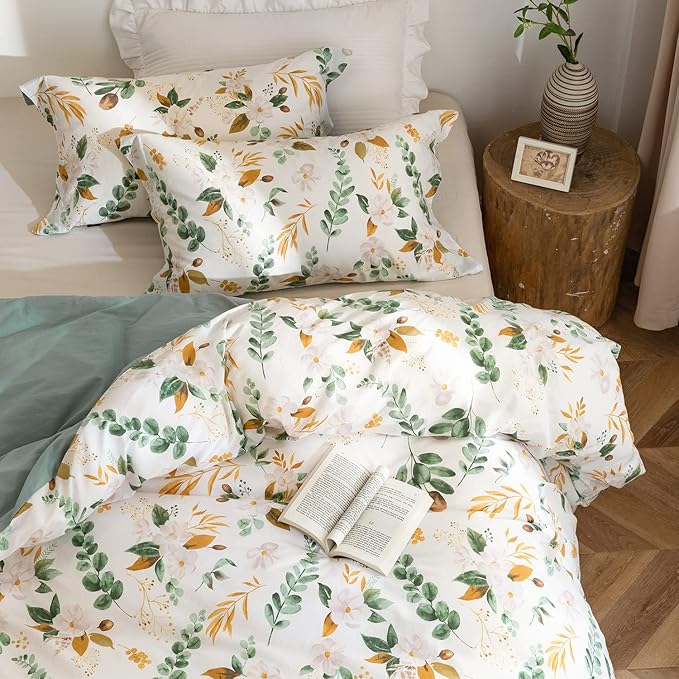 MILDLY 100% Washed Cotton Duvet Cover Set - Garden Flower Printed Autumn Comforter Cover Set Twin Size Soft Breathable Bedding Set with Zipper Ties