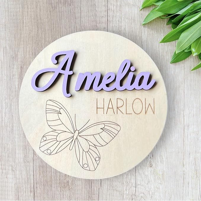 Personalized 3D Butterfly Birth Announcement Sign, Wooden Name sign, Hospital Photo prop Baby Name Reveal, Many font options, 30 Colors(Engraved Minimalist Butterfly)