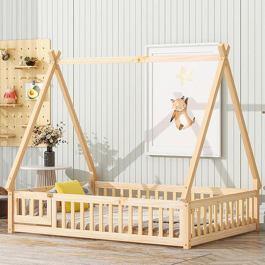 Full House Bed Frame with Fence Rails and Door,Wood Montessori Floor Bed with Slats Support,Teepee Tent Beds Kids Bed Frames for Girls Boys, Natural