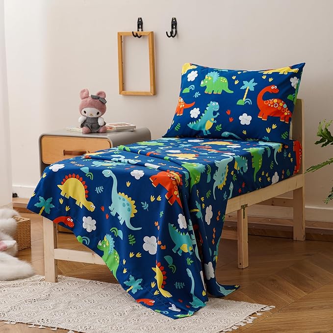KAREVER Cartoon Toddler Bedding Set Dinosaur Print 4 Pieces Crib Bed Set Kids Animal Print Comforter Set