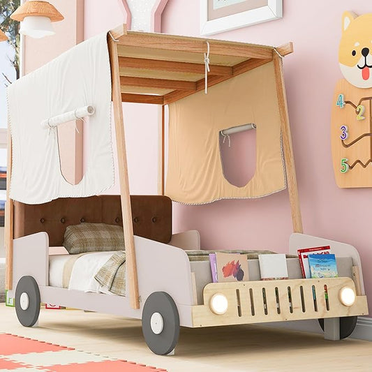 Twin Size Car Bed with Pillow & Car Headlights Shaped LED Light,Wood Kid Bed Frame W/Ceiling Cloth & Magazine Holder,Toy Bedroom Furniture for Boys Toddlers Child,Natural