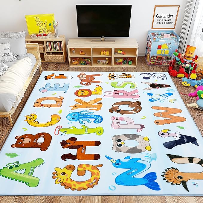 Kids Rugs for Playroom, 7x9 Feet Educational Rug for Learn The ABC Alphabet, Soft Machine Washable Non-Slip Cute Animal Carpet for Classroom Toddler Nursery Kids Room Decor Mat, Blue