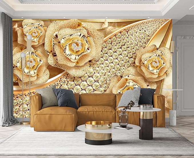 Golden Jewelry Diamond Rose Butterfly Wall Mural Wallpaper for Bedroom 178" x 117"