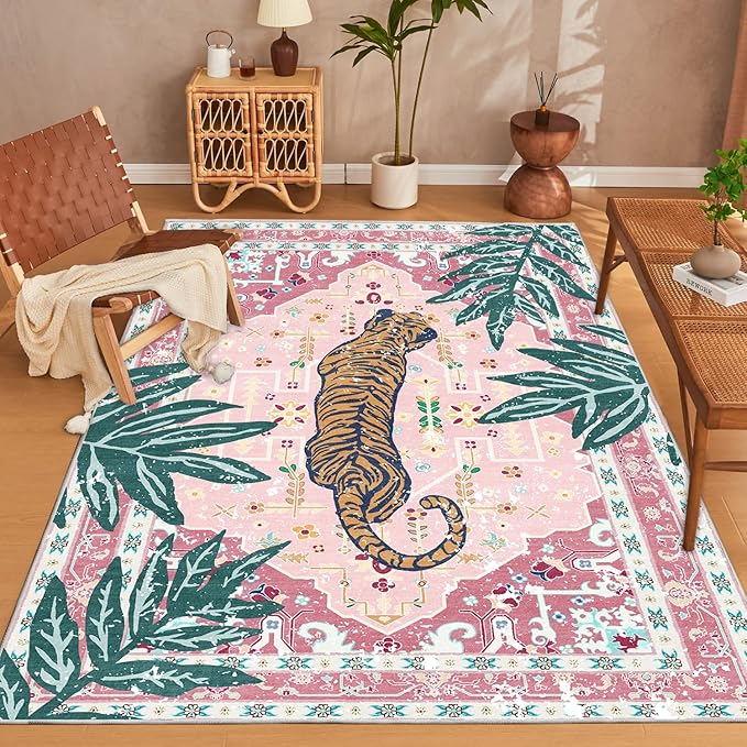Washable Non-Slip 5x8 Pink Tiger Rug for Girls Room Bedroom Dining Room Boho Vintage Tropical Animal Print Jungle Rug Soft Cozy Cute Whimsical Woodland Carpet for Playroom Living Room