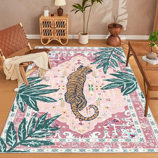 Washable Non-Slip 5x8 Pink Tiger Rug for Girls Room Bedroom Dining Room Boho Vintage Tropical Animal Print Jungle Rug Soft Cozy Cute Whimsical Woodland Carpet for Playroom Living Room