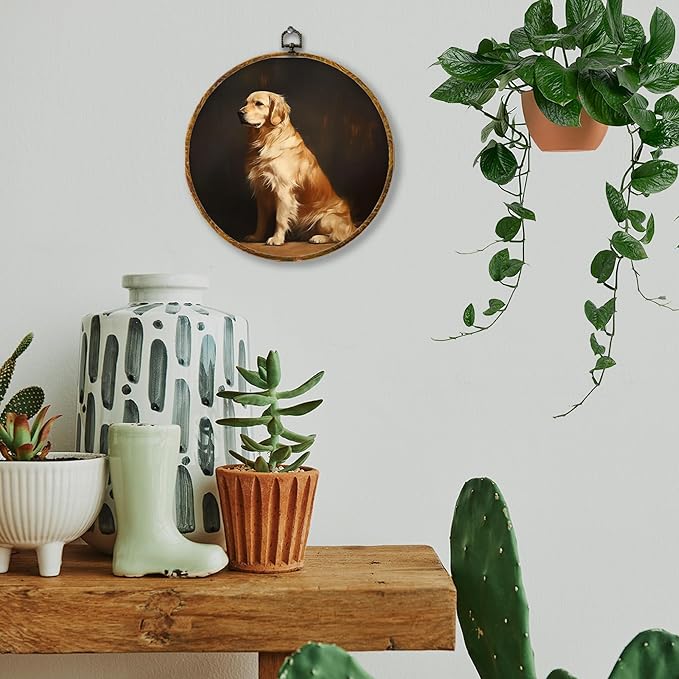 Hiuwevt Vintage Golden Retriever Round Wall Art Decor, Golden Retriever Gifts Framed Canvas Prints, Moody Farmhouse Dog Round Wall Hanging Decor for Bedroom Living Room Decorations, 10x10 Inches