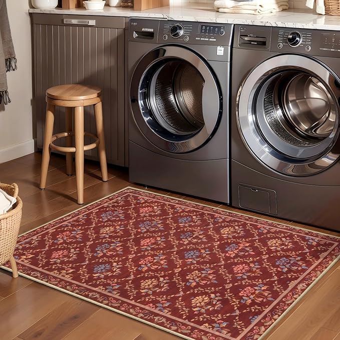 Tangsoo 2x3 Small Washable Entry Rug,Non Slip Moroccan Trellis Red Floral Throw Area Rugs for Entryway,Front Door Mats Indoor Entrance Carpet for Kitchen Office Laundry, Soft Kids & Pets Friendly
