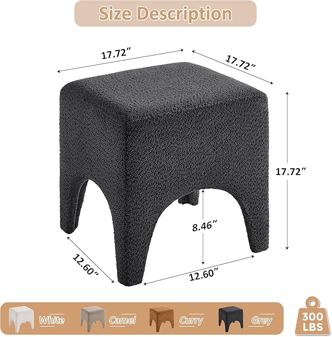 17" Boucle Modern Square Foot Stool Ottoman, Vanity Stool for Makeup, Rectangle Foot Rest for Couch, Upholstered Ottoman Stool for Living Room, Bedroom, Entryway (1, Dark Grey)