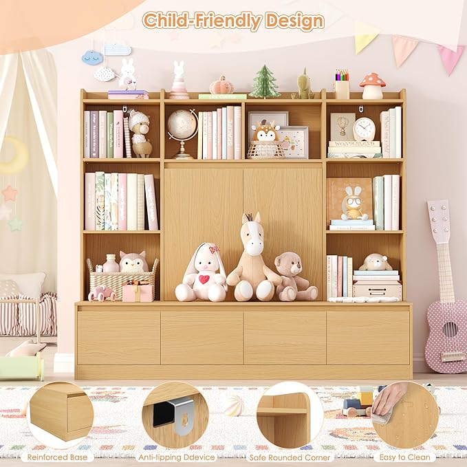 HIFIT 4-In-1 Kids Bookshelf and Toy Storage Organizer with Bench, 10-Cubes Kids Bookcase w/Reading Nook & 4 Sliding-Drawers & 2 Doors, Toy Chest Storage Cabinet for Playroom, Nursery,Classroom,Natural