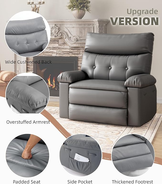 GarveeHome Oversized Recliner Chair - PU Leather Manual Recliner for Adults, Lazy Chair with 1.5X Sponge Comfort Arm and Back for Living Room, Bedroom