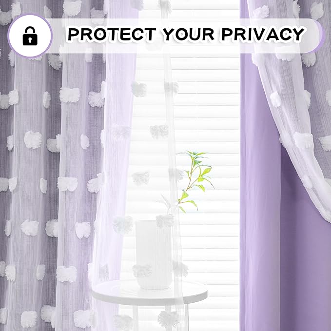 MYSKY HOME Lilac Curtains for Girls Bedroom Nursery Curtain with White Pom Pom Sheer Window Drapes Back Tab Room Darkening Double Layer 63 Inches Length 2 Panels, Light Purple, W52 X L63