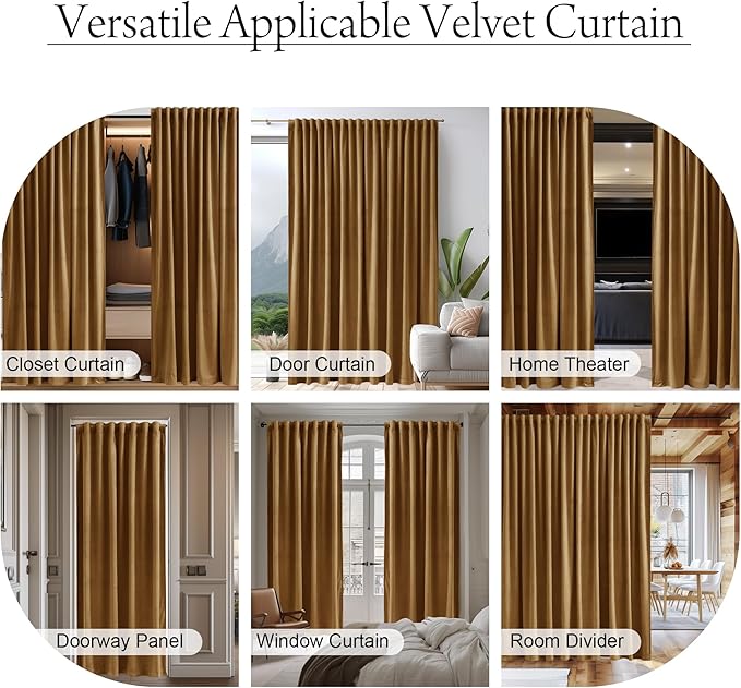 StangH Back Tab Room Divider Curtains Luxury Gold Brown Velvet Blackout Thermal Insulated Window Drapes for Sliding Door Living Room Halloween Home Decor, W100 x L108, 1 Panel