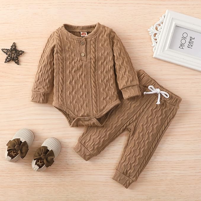 Newborn Baby Boy Girl Clothes Ribbed Knitted Cotton Long Sleeve Romper Long Pants Solid Color Fall Winter Outfits