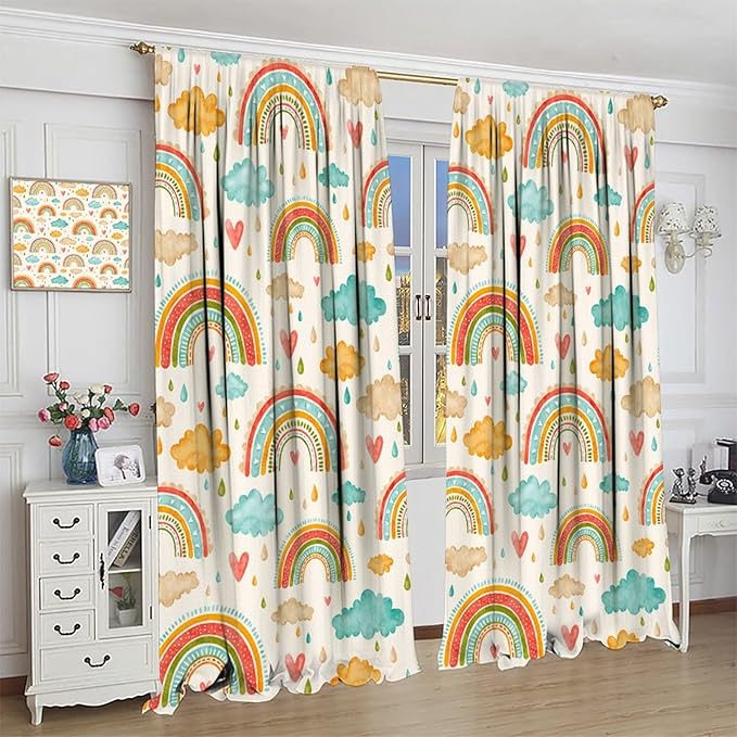 Boho Rainbow Curtains for Kids Nursery Colorful Floral Sun Star Clouds Pastel Bohemian Pattern Print Window Drapes for Girl Bedroom Living Room Kitchen Decor,2 Panel Set,63Wx72H Inch Blackout