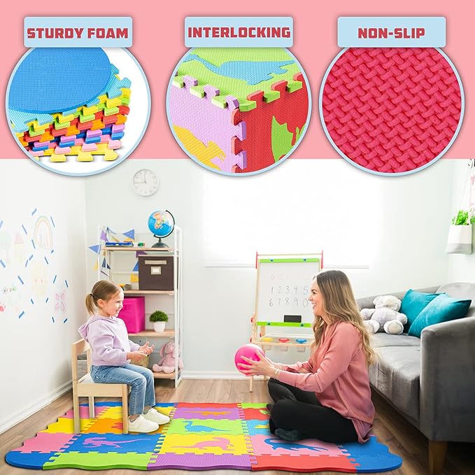 TOYVELT Foam Puzzle Floor Mat for Kids 48x48-25 Interlocking Dinosaurs Play Mat Tiles Multicolor - Educational Large Puzzle Foam Floor Tiles for Crawling