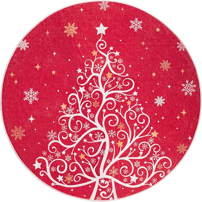 6' Machine Washable Christmas Round Area Rug, Non-Slip Vintage Floral Circle Floor Rugs for Kids, Low Pile Room Carpet for Living Room, Bedroom, Dining Room & Nursery(6' Christmas Tree)