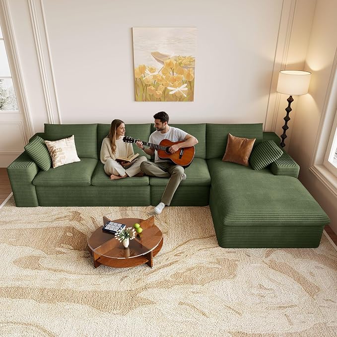 Cloud Sectional Couch,136 Inch Modular Sectional Sofa with Deep Seat, Modern Corduroy Boneless Couches with L-Shape Chaise for Living Room Bedroom, No Assembly Required (Green, Right Facing Chaise)