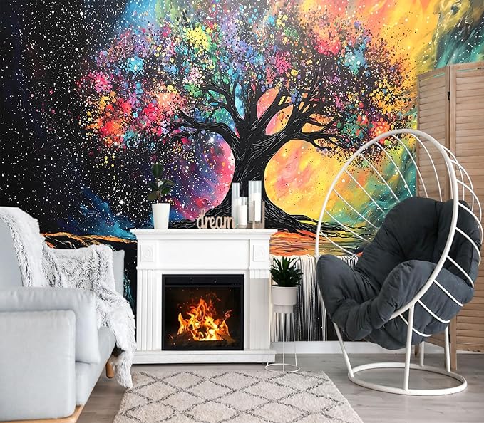XMPMBM-Tree of Life Forest backsplash Large Decorative Wallpaper Colorful Graffiti Tree Waterfall Bedroom Bathroom Wall Mural- W 154" X H 105"（112 Square Foot）