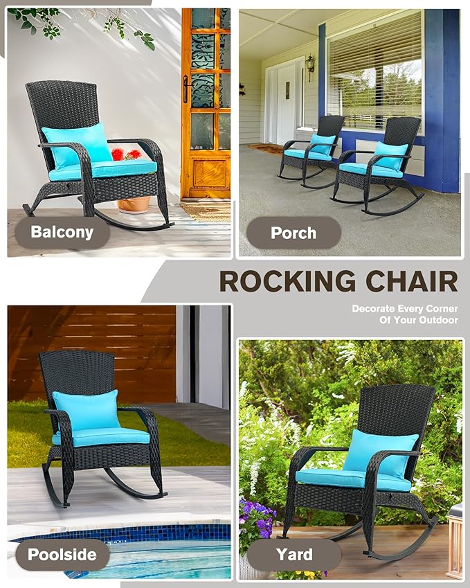 Outdoor Rocking Chair Set of 2- Outdoor Rattan Rocker Chair with Heavy-Duty Steel Frame- All Weather Rocker Chair for Garden, Porch, Poolside, Backyard (Black and Blue, 320lbs)