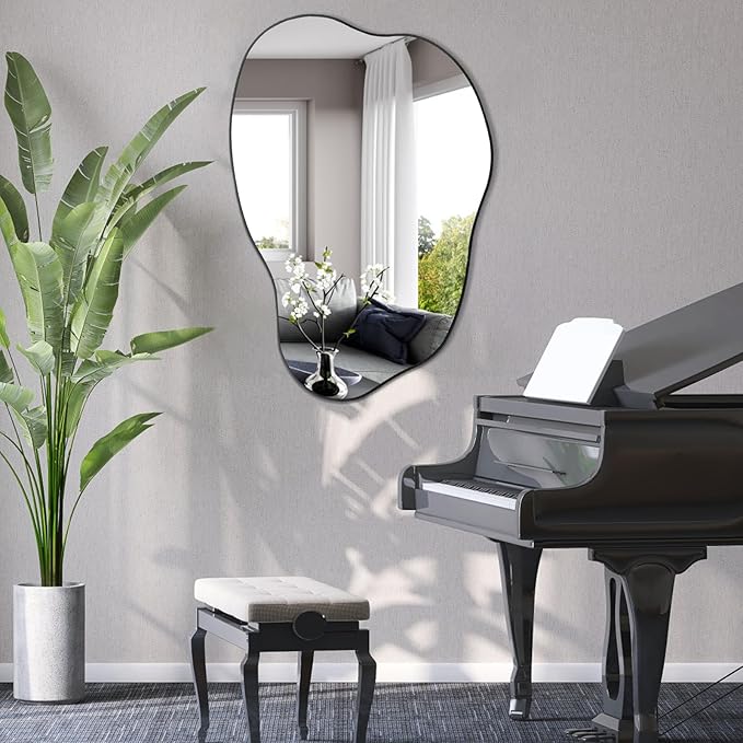 POZINO Asymmetrical Mirror, Black Irregular Mirrors, Cloud Shaped Mirrors, Unique Modern Frameless Mirror for Living Room Bathroom Bedroom Entryway Fireplace,30"x20.5"