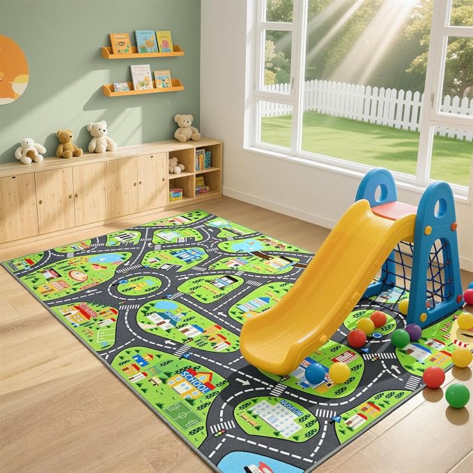 City Life Play Rugs, Educational and Fun Urban Road Play Mat for Kids, 72"x48" Non-Slip Playmat with Streets, Traffics & Buildings for Imaginative Play, Nursery and Playroom