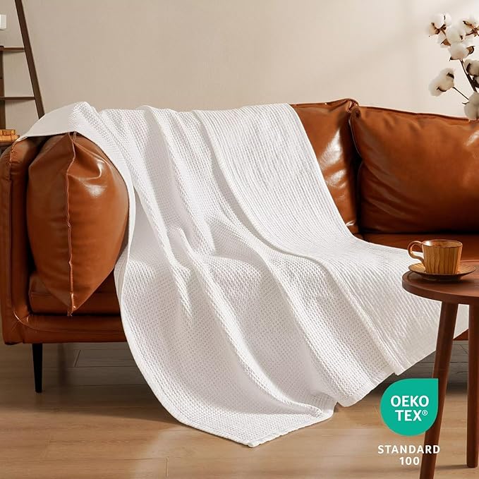 PHF 100% Cotton Waffle Muslin Blanket Queen Size, 90" x 90" Lightweight and Breathable Washed Cotton Blanket, Aesthetic Soft Muslin Waffle Bedding for Sofa Bed Home Decor, White