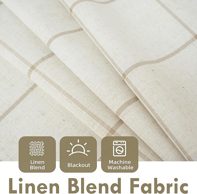 DriftAway 2 Panels 100% Blackout Windowpane Plaid Linen Curtains Double Layer Drapes for Bedroom 72 Inches Long Farmhouse Thermal Insulated 3.25 Inch Rod Pocket Back Tab for Living Room Taupe