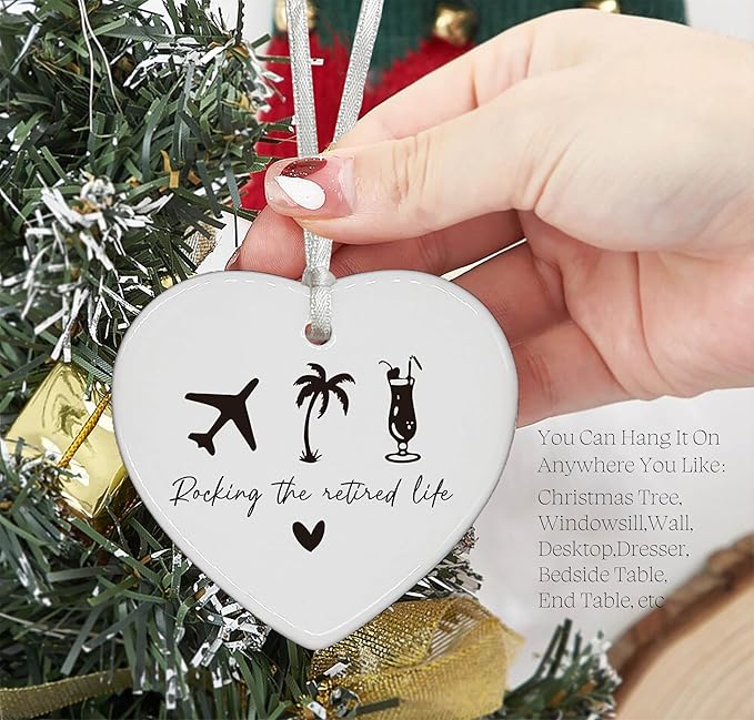 Funny Retirement Heart Shaped Christmas Ornament Gift-Rocking The Retired Life-Retirement Farewell Leaving Appreciation Present-Ceramic Ornament Keepsake with Gift Box-Start a New Chapter