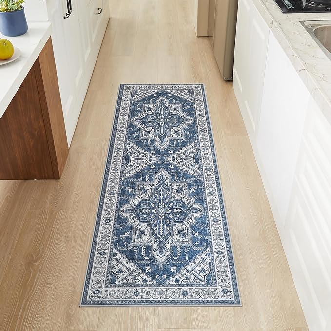 WITSHOCK Boho Area Rugs Machine Washable for Living Room Bedroom, 2x6 Vintage Non-Slip Stain Resistant Floor Carpet Indoor for Bedroom Kitchen Entryway Bathroom, Blue