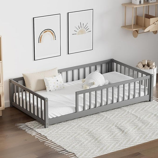LLS Twin Floor Bed for Kids Solid Wood Montessori Bed Frame with Safety Guardrails Multifunctional Montessori Floor Bed for Toddlers, Without Door, Easy Assemble, Gray