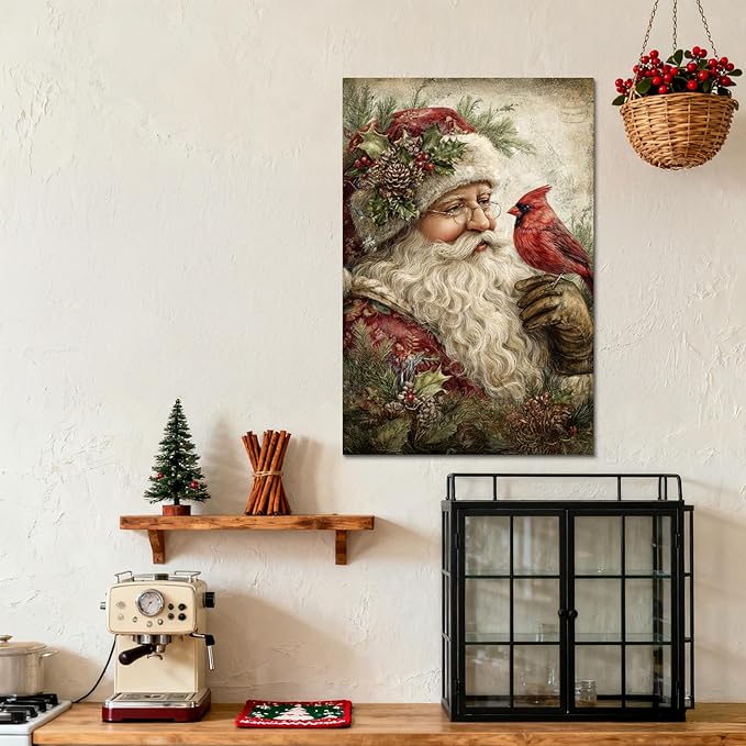YONICA Christmas Canvas Wall Art Santa with Cardinal 20x30 Inch Vintage Style with Red Bird - Large Framed Gallery Wrapped Wildlife Art
