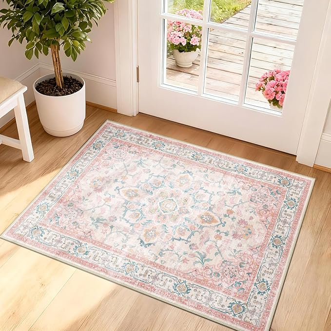 Machine Washable Rugs Nursery Rug 2x3 Cute Girl Non Slip Low Pile Water Repellent Soft Print Pattern for Bedroom Indoor Decor Kids Playroom Pinkteal