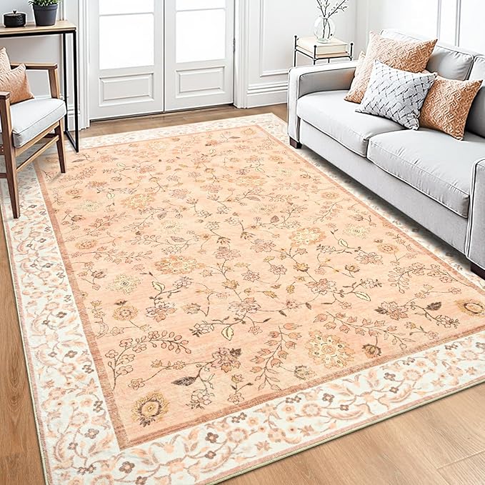 9x12 Rugs for Living Room, Orange Washable Floral Area Rug for Bedroom, Soft Non Slip Indoor Low Pile Carpet for Kitchen Dining Room, Large Boho Throw Carpets for Kids Nursery Office Dorm Home Decor