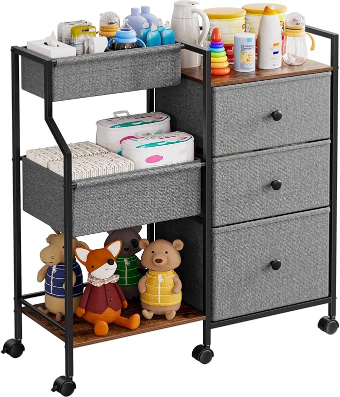 Baby Diaper Caddy Organizer Cart - 3 Tier Rolling Cart with Dividers and Drawers, Easy To Assemble, Mobile Utility Cart with Wheels for Nursery, Bedroom, Changing Table & Crib