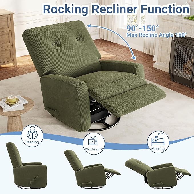 GarveeHome Recliner Chairs, Swivel Rocker Recliner, Glider Recliner Nursery Chair for Adults, 360° Swivel Glider Rocking Chair for Living Room, Bedroom, Office, RV, Small Spaces, Corduroy, Green