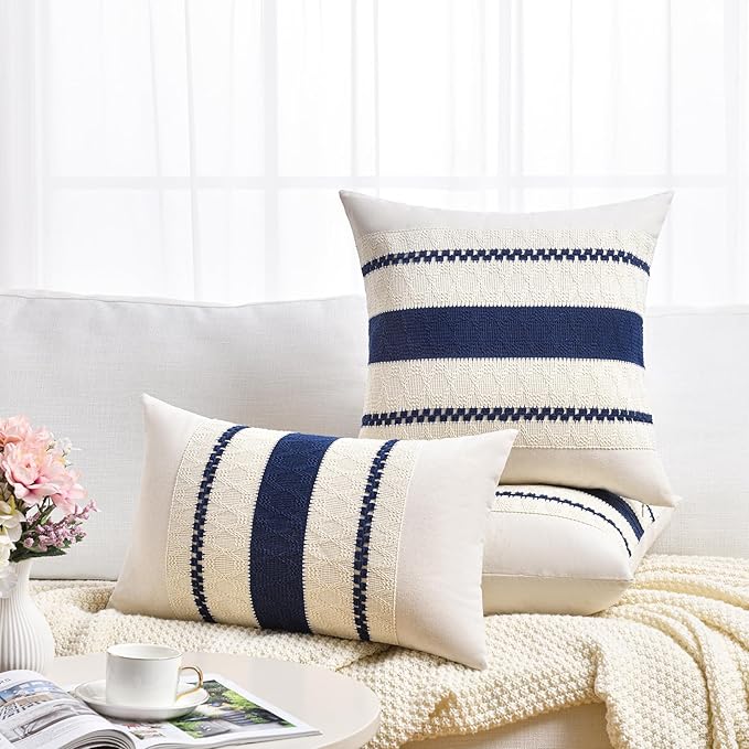 Fancy Homi Set of 2 Navy Blue Decorative Throw Pillow Covers 22x22 Inch for Couch Bed Sofa Living Room Office, Aesthetic Modern Organic Farmhouse Home Decor, Soft Cotton Woven Textured Cushion Case