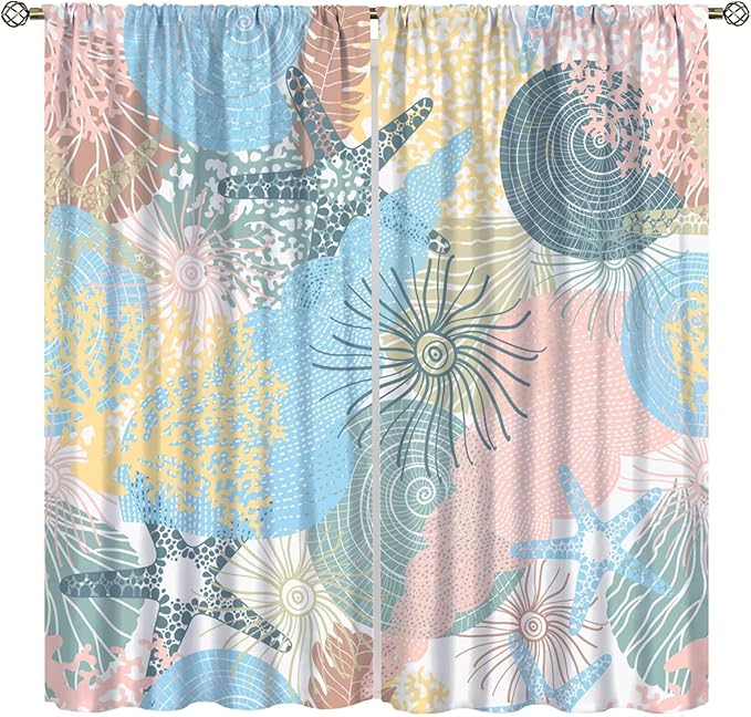 Nautical Blackout Curtain Beach Theme Starfish Seashell Nautical Rustic Ocean Sea Vintage Retro Coastal Summer Bedroom Set 2 Panels,42x54 Inches