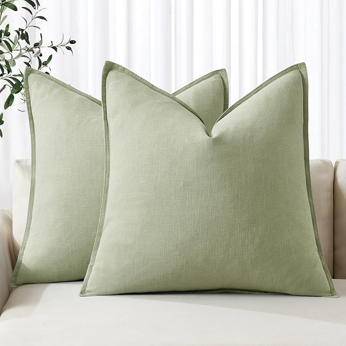 MIULEE Decorative Linen Euro Sham Pillow Covers 24x24 Light Green Boho Farmhouse Neutral Couch Throw Pillows for Bed Pack of 2 Accent Modern Pillowcase Summer Sofa Livingroom Home Decor